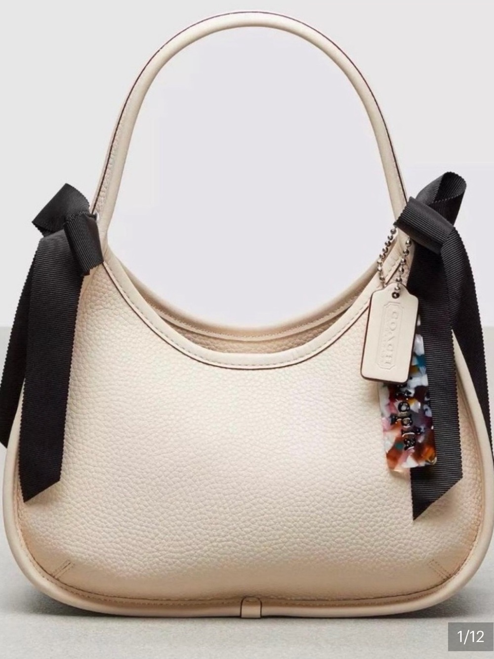 Pebbled Mini Shoulder Bag in Chalk with Black Ribbon Accents